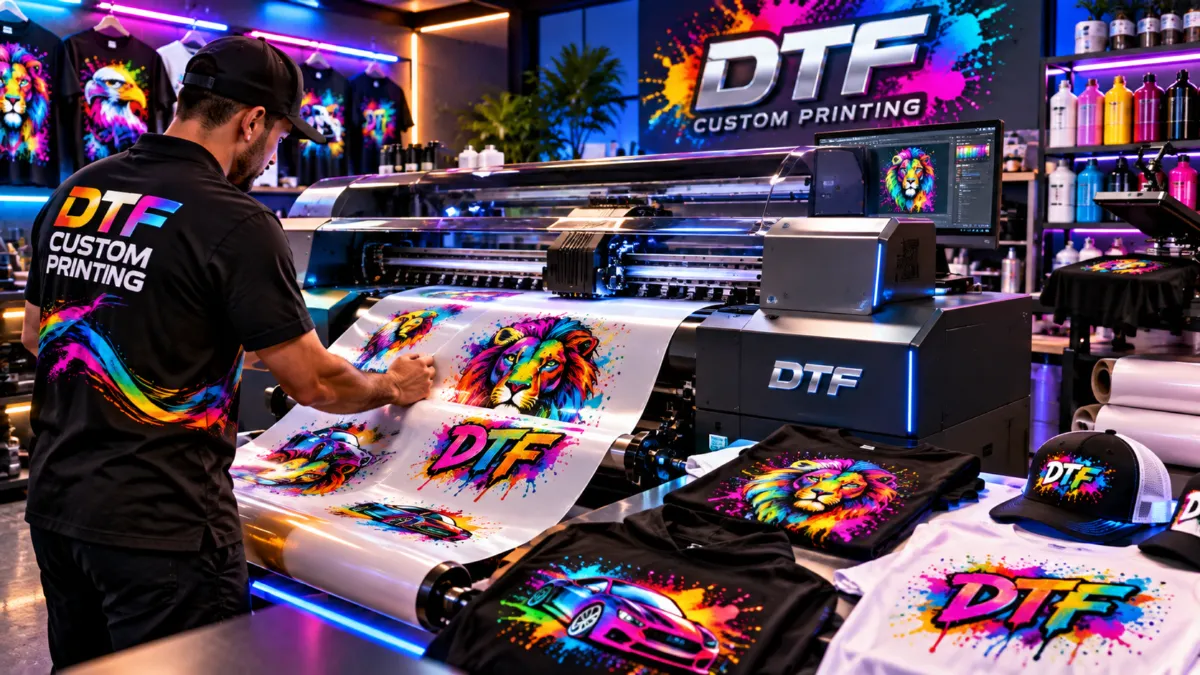 DTF printer producing full-color custom T-shirts and caps